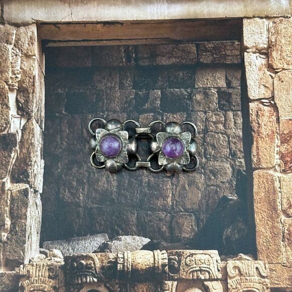 Unique Vintage Sterling Silver Flower Floral Links Amethyst Brooch Pin Mexico 2" - Picture 4 of 14